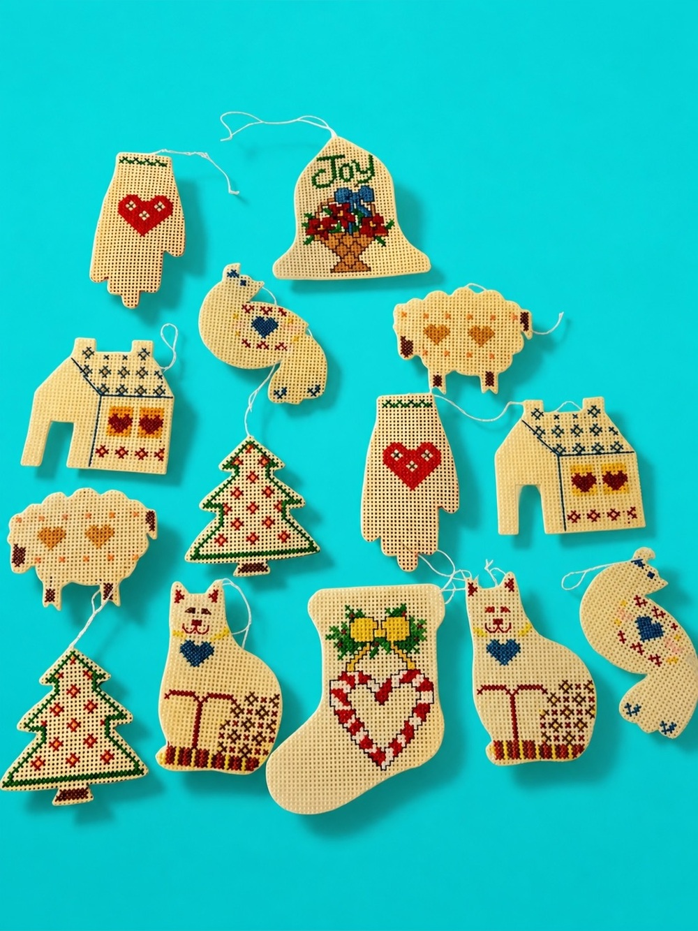 Vintage 1970s Handcrafted Simple Cross Stitch Christmas Ornament Lot of 14